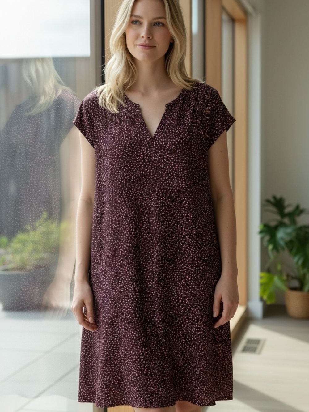 J. Jill Burgundy Printed Short-Sleeve V-Neck Shift Dress